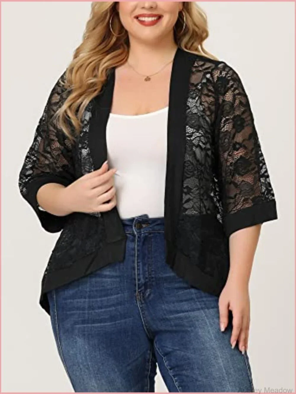 Plus Size 3/4 Sleeve Open Front Lace Shrug Cardigan
